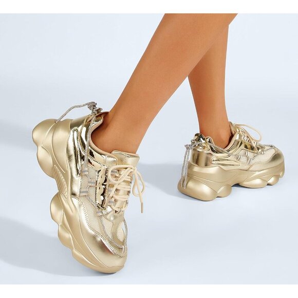 Women's 90s Chunky Sneakers Rope Platform Casual Thick Rave Walking Shoes Gold - Picture 7 of 9